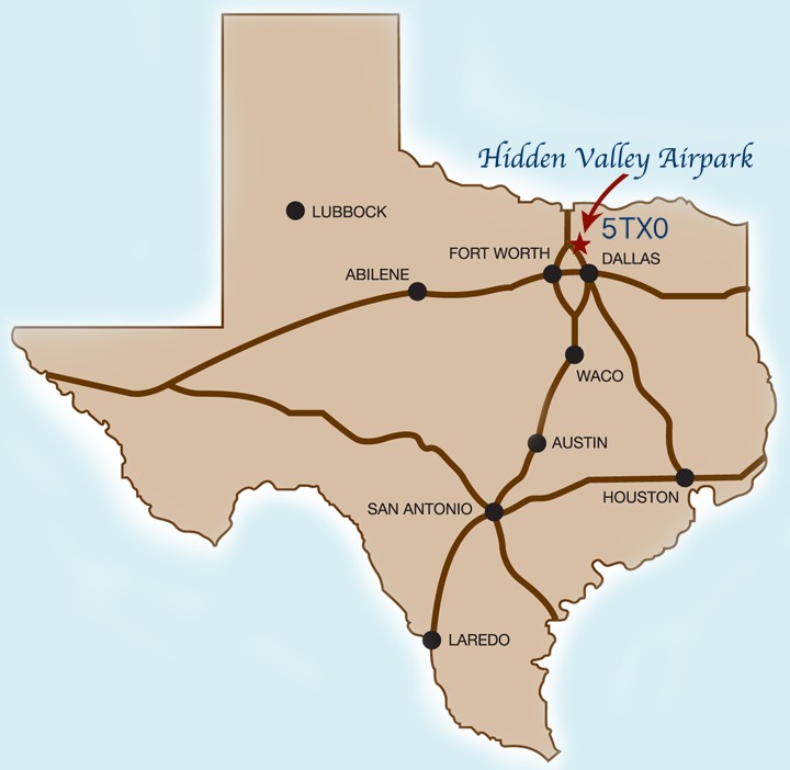 Stylized map of Texas showing Hidden Valley Airpark near Dallas and Fort Worth